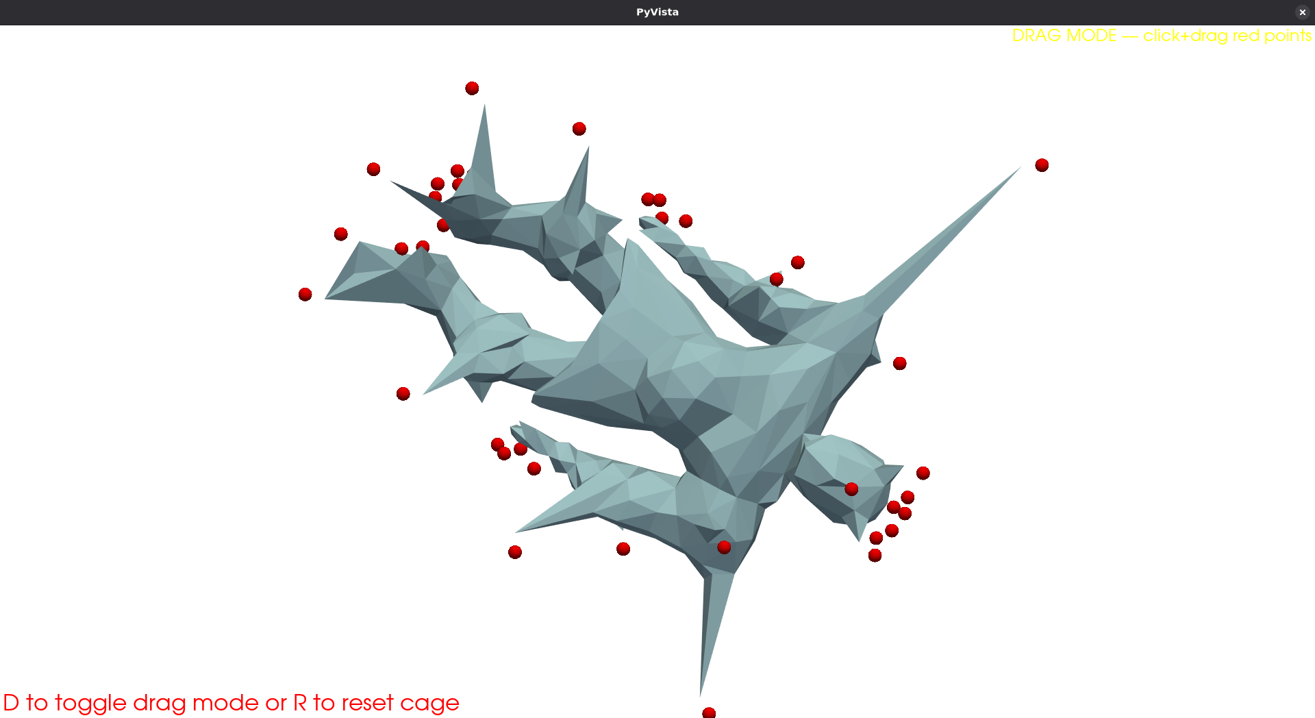 Harmonic-coordinate cage deformation of a 3D mesh in PyVista, with red draggable cage control points.