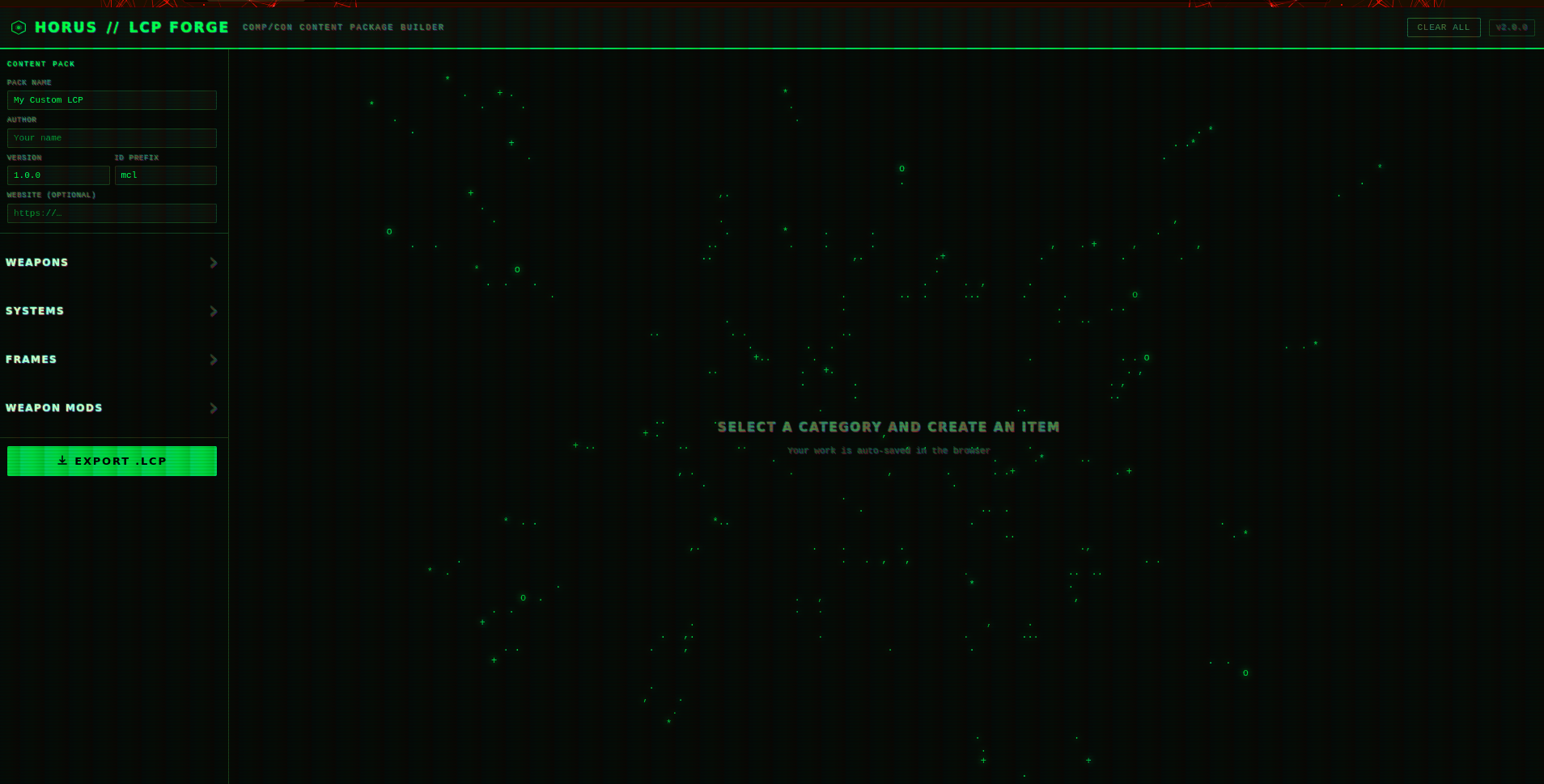 The LCP Forge content-package builder interface in its HORUS terminal theme.