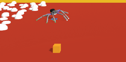 An eight-legged tarantula agent walking toward a target cube in the Unity ML-Agents training environment.